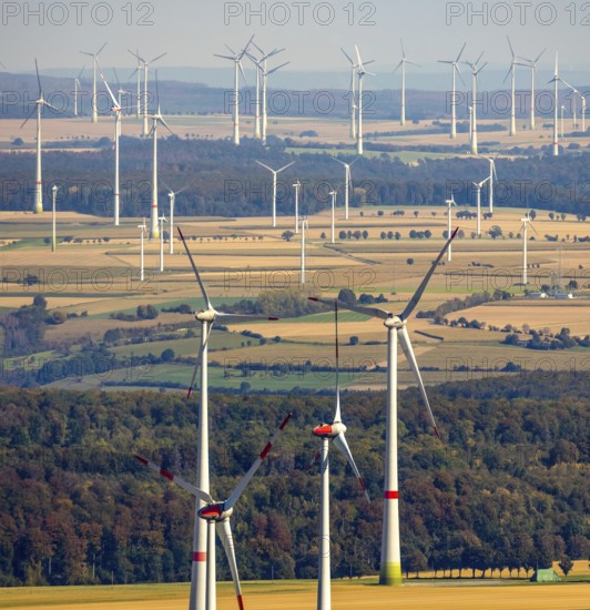 Aerial photo, wind turbines, wind farm, Henglarn, Lichtenau, Ostwestfalen-Lippe, OWL, North Rhine-Westphalia, Germany, DE, energy, energy supplier, energy industry, Europe, aerial photo, aerial photography, aerial photography, OWL book, OWLBuch, Ostwestfalenbuch, electricity, overview, bird's-eye view, WEA, wind energy, wind turbine, wind farm, wind power, wind power plant, birds-eyes view, overview