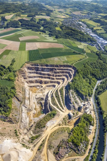 Aerial photo, Rheinkalk Grevenbrück GmbH quarry, Lennestadt, Sauerland, North Rhine-Westphalia, Germany, DE, Europe, aerial photo, aerial photography, aerial photography, quarry, overview, bird's-eye view, birds-eyes view, overview