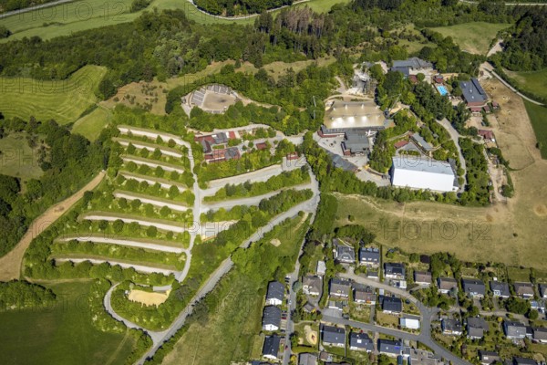 Aerial view, Elspe-Festival-Gelände, Zur Naturbühne, Lennestadt, Sauerland, North Rhine-Westphalia, Germany, DE, Europe, event location, Karl-May Festival, culture, art, aerial photography, aerial photography, aerial photography, overview, events, venue, event location, bird's eye view, birds-eyes view, overview