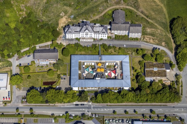 Aerial view, Caritas retirement home and nursing home St. Franziskus-Haus, Trockenbrück, Lennestadt, Sauerland, North Rhine-Westphalia, Germany, demolition, retirement home, retirement home, care and nursing, Bielefelder Straße, DE, Europe, aerial view, aerial photography, aerial photography, care facility, retirement home, retirement residence, retirement home, senior centre, overview, bird's-eye view, birds-eyes view, overview, dilapidated, destroyed building