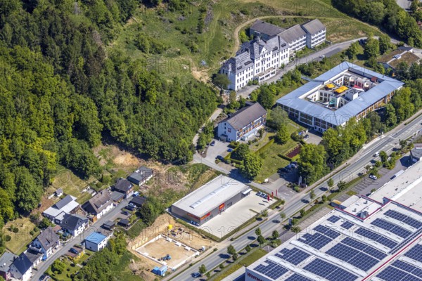 Aerial view, Caritas retirement home and nursing home St. Franziskus-Haus, ABEX SCHEDLER HAUSTECHNIK construction site new building, Trockenbrück, Lennestadt, Sauerland, North Rhine-Westphalia, Germany, demolition, retirement home, retirement home, care and nursing, Bielefelder Straße, DE, Europe, aerial view, aerial photography, aerial photography, care facility, retirement home, retirement residence, retirement home, senior citizens' centre, overview, bird's eye view, birds-eyes view, overview, dilapidated, destroyed building