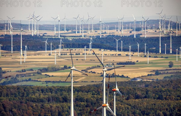 Aerial photo, wind turbines, wind farm, Henglarn, Lichtenau, Ostwestfalen-Lippe, OWL, North Rhine-Westphalia, Germany, DE, energy, energy supplier, energy industry, Europe, aerial photo, aerial photography, aerial photography, OWL book, OWLBuch, Ostwestfalenbuch, electricity, overview, bird's-eye view, WEA, wind energy, wind turbine, wind farm, wind power, wind power plant, birds-eyes view, overview