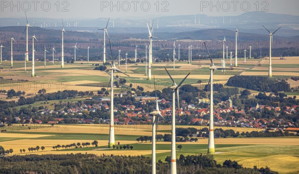 Aerial photo, wind turbines, wind farm, Henglarn, Lichtenau, Ostwestfalen-Lippe, OWL, North Rhine-Westphalia, Germany, DE, energy, energy supplier, energy industry, Europe, aerial photo, aerial photography, aerial photography, OWL book, OWLBuch, Ostwestfalenbuch, electricity, overview, bird's-eye view, WEA, wind energy, wind turbine, wind farm, wind power, wind power plant, birds-eyes view, overview