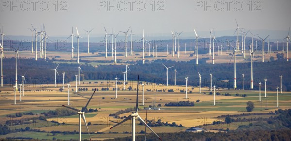 Aerial photo, wind turbines, wind farm, Henglarn, Lichtenau, Ostwestfalen-Lippe, OWL, North Rhine-Westphalia, Germany, DE, energy, energy supplier, energy industry, Europe, aerial photo, aerial photography, aerial photography, OWL book, OWLBuch, Ostwestfalenbuch, electricity, overview, bird's-eye view, WEA, wind energy, wind turbine, wind farm, wind power, wind power plant, birds-eyes view, overview