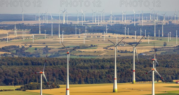 Aerial photo, wind turbines, wind farm, Henglarn, Lichtenau, Ostwestfalen-Lippe, OWL, North Rhine-Westphalia, Germany, DE, energy, energy supplier, energy industry, Europe, aerial photo, aerial photography, aerial photography, OWL book, OWLBuch, Ostwestfalenbuch, electricity, overview, bird's-eye view, WEA, wind energy, wind turbine, wind farm, wind power, wind power plant, birds-eyes view, overview