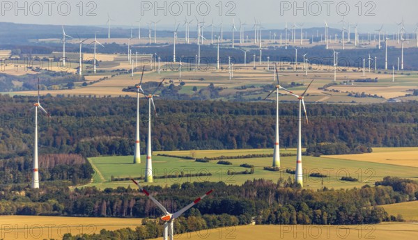 Aerial photo, wind turbines, wind farm, Henglarn, Lichtenau, Ostwestfalen-Lippe, OWL, North Rhine-Westphalia, Germany, DE, energy, energy supplier, energy industry, Europe, aerial photo, aerial photography, aerial photography, OWL book, OWLBuch, Ostwestfalenbuch, electricity, overview, bird's-eye view, WEA, wind energy, wind turbine, wind farm, wind power, wind power plant, birds-eyes view, overview