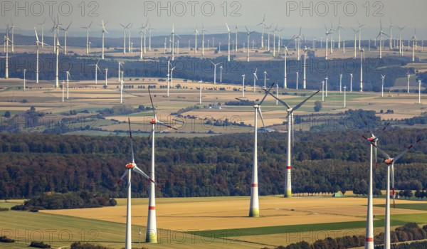 Aerial photo, wind turbines, wind farm, Henglarn, Lichtenau, Ostwestfalen-Lippe, OWL, North Rhine-Westphalia, Germany, DE, energy, energy supplier, energy industry, Europe, aerial photo, aerial photography, aerial photography, OWL book, OWLBuch, Ostwestfalenbuch, electricity, overview, bird's-eye view, WEA, wind energy, wind turbine, wind farm, wind power, wind power plant, birds-eyes view, overview