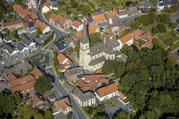 Aerial view, catholic church, pilgrimage basilica St. Ida, town centre Herzfeld, Lippetal, district Soest, North Rhine-Westphalia, Germany, place of worship, DE, Europe, religious community, place of worship, church, parish, denomination, district Soest-Buch, district Soest-Buch, roundabout, aerial view, aerial photography, aerial photography, religion, overview, bird's-eye view, overview