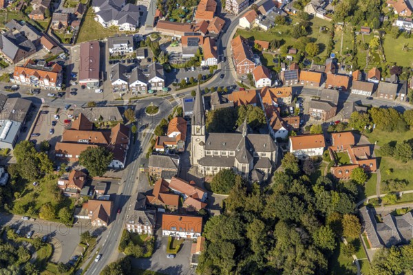 Aerial view, catholic church, pilgrimage basilica St. Ida, town centre Herzfeld, Lippetal, district Soest, North Rhine-Westphalia, Germany, DE, Europe, district Soest-Buch, district Soest-Buch, roundabout, aerial view, aerial photography, aerial photography, overview, bird's-eye view, overview