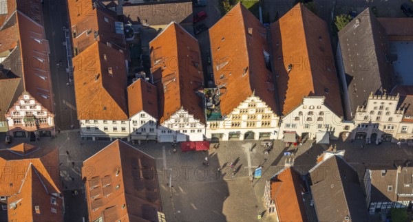 Aerial view, old town, market place, Lemgo, East Westphalia-Lippe, OWL, North Rhine-Westphalia, Germany, Old Hanseatic City of Lemgo, DE, Europe, aerial view, aerial photography, aerial photography, OWL book, OWL book, East Westphalia book, town hall, overview, bird's eye view, birds-eyes view, historic old town, historic house facades, historic landmark, overview, red roofs