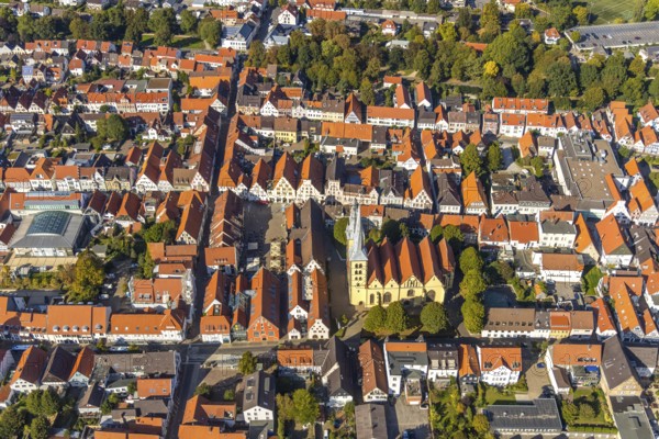 Aerial view, Old Town, Evang.Luth. church St. Nicolai, market place, town hall, Lemgo, East Westphalia-Lippe, OWL, North Rhine-Westphalia, Germany, Old Hanseatic City of Lemgo, place of worship, DE, Europe, religious community, place of worship, property tax, holy place, real estate, church, parish, denomination, aerial view, aerial photography, aerial photography, OWL book, OWL book, Ostwestfalenbuch, religion, religious site, overview, bird's-eye view, residential complex, living and life, residential area, residential buildings, residential quality, residential neighbourhood, housing estate, birds-eyes view, historic old town, historic sight, overview, red roofs