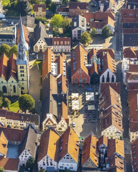 Aerial view, Old Town, Evang.Luth. church St. Nicolai, market place, town hall, Lemgo, East Westphalia-Lippe, OWL, North Rhine-Westphalia, Germany, Old Hanseatic City of Lemgo, place of worship, DE, Europe, religious community, place of worship, property tax, holy place, real estate, church, parish, denomination, aerial view, aerial photography, aerial photography, OWL book, OWL book, Ostwestfalenbuch, religion, religious site, overview, bird's-eye view, residential complex, living and life, residential area, residential buildings, residential quality, residential neighbourhood, housing estate, birds-eyes view, historic old town, historic sight, overview, red roofs