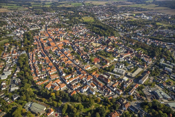 Aerial view, Old Town, Evang.Luth. church St. Nicolai, Lemgo, Ostwestfalen-Lippe, OWL, North Rhine-Westphalia, Germany, Old Hanseatic City of Lemgo, place of worship, DE, Europe, religious community, place of worship, property tax, holy place, real estate, church, parish, denomination, aerial view, aerial photography, aerial photography, OWL book, OWL book, Ostwestfalenbuch, religion, religious site, overview, bird's-eye view, residential complex, living and life, residential area, residential buildings, residential quality, residential neighbourhood, housing estate, bird's-eye view, historic old town, historic sight, overview, red roofs