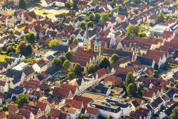 Aerial view, Old Town, Evang.Luth. church St. Nicolai, Lemgo, Ostwestfalen-Lippe, OWL, North Rhine-Westphalia, Germany, Old Hanseatic City of Lemgo, place of worship, DE, Europe, religious community, place of worship, property tax, holy place, real estate, church, parish, denomination, aerial view, aerial photography, aerial photography, OWL book, OWL book, Ostwestfalenbuch, religion, religious site, overview, bird's-eye view, residential complex, living and life, residential area, residential buildings, residential quality, residential neighbourhood, housing estate, bird's-eye view, historic old town, historic sight, overview, red roofs