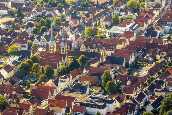 Aerial view, Old Town, Evang.Luth. church St. Nicolai, Lemgo, Ostwestfalen-Lippe, OWL, North Rhine-Westphalia, Germany, Old Hanseatic City of Lemgo, place of worship, DE, Europe, religious community, place of worship, property tax, holy place, real estate, church, parish, denomination, aerial view, aerial photography, aerial photography, OWL book, OWL book, Ostwestfalenbuch, religion, religious site, overview, bird's-eye view, residential complex, living and life, residential area, residential buildings, residential quality, residential neighbourhood, housing estate, bird's-eye view, historic old town, historic sight, overview, red roofs