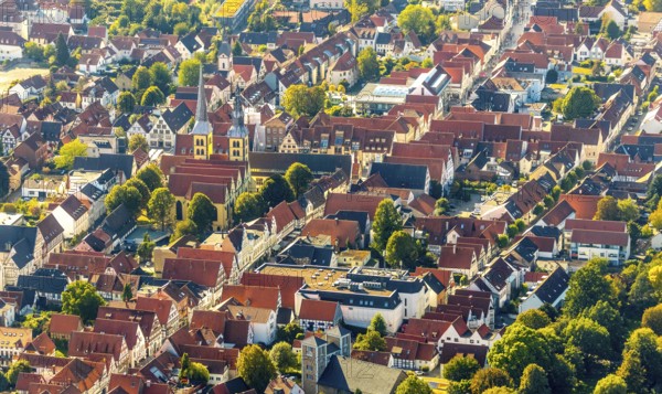 Aerial view, Old Town, Evang.Luth. church St. Nicolai, Lemgo, Ostwestfalen-Lippe, OWL, North Rhine-Westphalia, Germany, Old Hanseatic City of Lemgo, place of worship, DE, Europe, religious community, place of worship, property tax, holy place, real estate, church, parish, denomination, aerial view, aerial photography, aerial photography, OWL book, OWL book, Ostwestfalenbuch, religion, religious site, overview, bird's-eye view, residential complex, living and life, residential area, residential buildings, residential quality, residential neighbourhood, housing estate, bird's-eye view, historic old town, historic sight, overview, red roofs