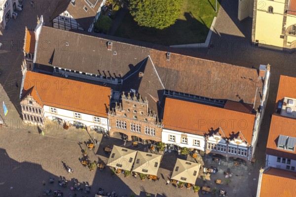 Aerial view, old town, town hall, market place, Lemgo, East Westphalia-Lippe, OWL, North Rhine-Westphalia, Germany, Old Hanseatic City of Lemgo, authority, DE, Europe, aerial view, aerial photography, aerial photography, OWL book, OWL book, East Westphalia book, city administration, overview, bird's eye view, birds-eyes view, historic old town, historic house facades, historic landmark, overview, red roofs