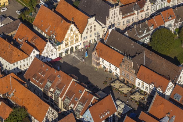 Aerial view, old town, town hall, market place, Lemgo, East Westphalia-Lippe, OWL, North Rhine-Westphalia, Germany, Old Hanseatic City of Lemgo, authority, DE, Europe, aerial view, aerial photography, aerial photography, OWL book, OWL book, East Westphalia book, city administration, overview, bird's eye view, birds-eyes view, historic old town, historic house facades, historic landmark, overview, red roofs