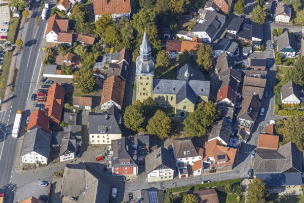 Aerial view, town view, St. Stephanus Kirche, Oestinghausen, Lippetal, Kreis Soest, North Rhine-Westphalia, Germany, place of worship, DE, Europe, religious community, place of worship, property tax, real estate, city centre, church, parish, denomination, Kreis-Soest-Buch, KreisSoestBuch, aerial view, aerial photography, aerial photography, religion, city centre, overview, bird's-eye view, residential area, living and life, residential area, residential buildings, quality of life, residential quarter, housing estate, birds-eyes view, overview