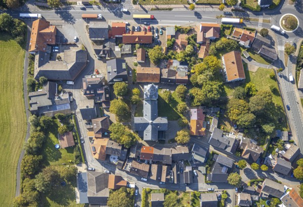 Aerial view, town view, St. Stephanus Kirche, Oestinghausen, Lippetal, Kreis Soest, North Rhine-Westphalia, Germany, place of worship, DE, Europe, religious community, place of worship, property tax, real estate, city centre, church, parish, denomination, Kreis-Soest-Buch, KreisSoestBuch, aerial view, aerial photography, aerial photography, religion, city centre, overview, bird's-eye view, residential area, living and life, residential area, residential buildings, quality of life, residential quarter, housing estate, birds-eyes view, overview