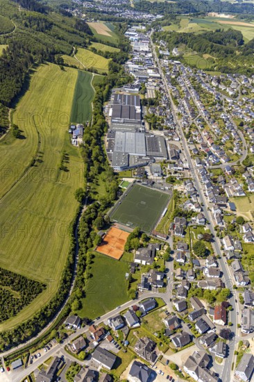 Aerial view, sports ground SSV Elspe, commercial area Elspe, Lennestadt, Sauerland, North Rhine-Westphalia, Germany, DE, Europe, football pitch, football stadium, commercial enterprises, commercial area, commercial location, commercial use, industrial area, industrial location, aerial photograph, aerial photography, aerial photography, sports facilities, sports field, sports facility, tennis, tennis facility, tennis courts, overview, bird's-eye view, overview