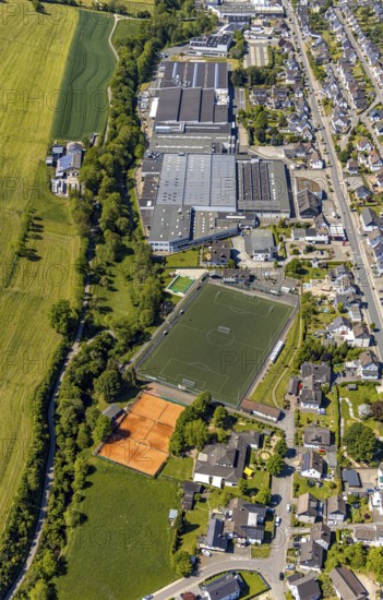 Aerial view, sports ground SSV Elspe, commercial area Elspe, Lennestadt, Sauerland, North Rhine-Westphalia, Germany, DE, Europe, football pitch, football stadium, commercial enterprises, commercial area, commercial location, commercial use, industrial area, industrial location, aerial photograph, aerial photography, aerial photography, sports facilities, sports field, sports facility, tennis, tennis facility, tennis courts, overview, bird's-eye view, overview