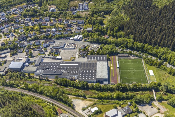 Aerial photo, Hensel Werk, sports field FC Lennestadt, Meggen, Lennestadt, Sauerland, North Rhine-Westphalia, Germany, DE, Europe, football pitch, football stadium, football club, commercial enterprises, commercial area, commercial area, commercial site, commercial use, industrial area, industrial site, aerial photograph, aerial photography, aerial photography, sports, sports facilities, sports field, sports facility, overview, bird's-eye view, overview