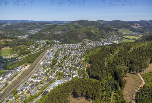 Aerial view, Lennestadt-Altenhundem railway station, Hundem Lenne Center, industrial area railway depot, Altenhundem, Lennestadt, Sauerland, North Rhine-Westphalia, Germany, railway station, DE, Deutsche Bahn AG, Europe, aerial view, aerial photography, aerial photography, overview, bird's eye view, birds-eyes view, overview