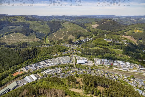Aerial view, commercial area and residential area Altenhundem, Lennestadt, Sauerland, North Rhine-Westphalia, Germany, DE, Europe, distant view, commercial enterprises, commercial area, commercial area, commercial location, commercial use, property tax, hilly landscape, real estate, aerial photograph, aerial photography, aerial photography, overview, bird's eye view, forest area, forest damage, forest dieback, residential area, housing and living, residential area, residential buildings, housing estate, birds-eyes view, overview