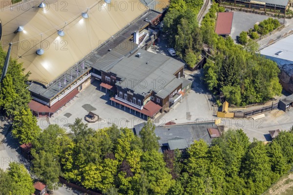 Aerial view, Elspe-Festival-Gelände, Zur Naturbühne, Lennestadt, Sauerland, North Rhine-Westphalia, Germany, DE, Europe, event location, Karl-May Festival, culture, art, aerial photography, aerial photography, aerial photography, overview, events, venue, event location, bird's eye view, birds-eyes view, overview