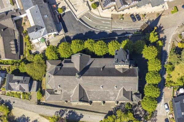 Aerial view, Catholic parish church of St. Agatha, Altenhundem, Lennestadt, Sauerland, North Rhine-Westphalia, Germany, place of worship, DE, Europe, religious community, place of worship, church, parish, denomination, aerial photograph, aerial photography, aerial photography, sand road, overview, bird's-eye view, birds-eyes view, overview