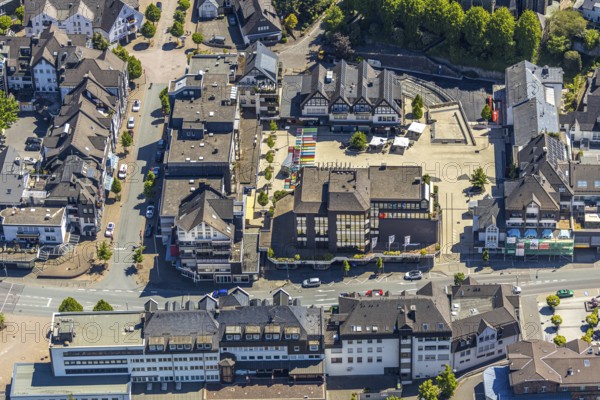 Aerial view, market place, shopping centre, Altenhundem, Lennestadt, Sauerland, North Rhine-Westphalia, Germany, DE, shopping markets, shopping place, shopping street, Europe, aerial view, aerial photography, aerial photography, local supply centre, overview, bird's-eye view, overview