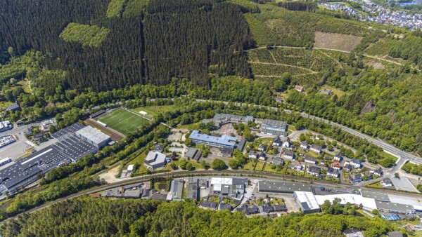 Aerial view, secondary school Hundem-Lenne, St. Barbara-Schule Meggen, theatre of the city of Lennestadt, Anne-Frank-Platz, Meggen, Lennestadt, Sauerland, North Rhine-Westphalia, Germany, education, educational institution, DE, Europe, FC Lennestadt e.V. sports club, culture, art, teaching institute, Lenne Therme GmbH, aerial view, aerial photography, aerial photography, drama, school, sports field, theatre, overview, events, event location, bird's eye view, birds-eyes view, cultural use, overview