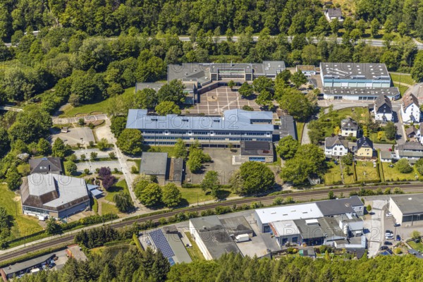 Aerial view, secondary school Hundem-Lenne, St. Barbara-Schule Meggen, theatre of the city of Lennestadt, Anne-Frank-Platz, Meggen, Lennestadt, Sauerland, North Rhine-Westphalia, Germany, education, educational institution, DE, Europe, culture, art, teaching institute, Lenne Therme GmbH, aerial photograph, aerial photography, aerial photography, drama, school, theatre, overview, events, event location, bird's eye view, birds-eyes view, cultural use, overview