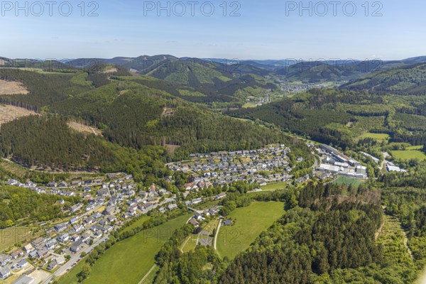 Aerial view, local view Langenei, Lennestadt, Sauerland, North Rhine-Westphalia, Germany, DE, Europe, Fredeburger Straße, football pitch, football stadium, property tax, hilly landscape, real estate, aerial view, aerial photography, aerial photography, sports, sports facilities, sports field, sports facility, tennis, tennis facility, tennis courts, overview, bird's-eye view, wooded area, residential area, living and life, residential area, residential buildings, housing estate, birds-eyes view, overview