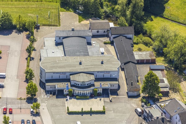 Aerial view, Sauerlandhalle, Altenhundem, Lennestadt, Sauerland, North Rhine-Westphalia, Germany, DE, Europe, culture, art, aerial photography, aerial photography, aerial photography, overview, events, event venue, event centre, bird's eye view, Volksbank Arena, birds-eyes view, cultural use, overview