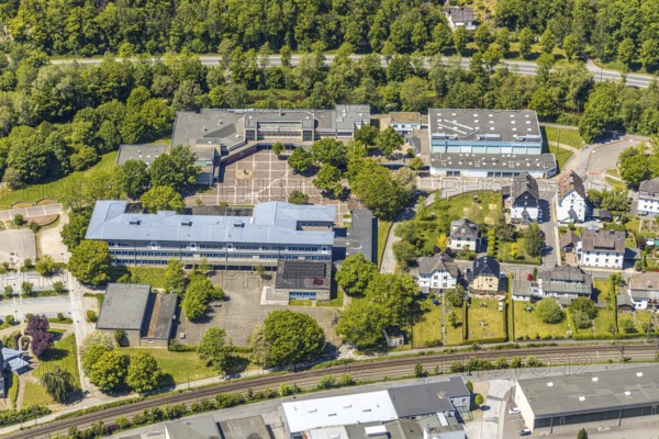 Aerial view, secondary school Hundem-Lenne, St. Barbara-Schule Meggen, theatre of the city of Lennestadt, Anne-Frank-Platz, Meggen, Lennestadt, Sauerland, North Rhine-Westphalia, Germany, education, educational institution, DE, Europe, culture, art, teaching institute, aerial photography, aerial photography, aerial photography, drama, school, theatre, overview, events, venue, bird's eye view, birds-eyes view, cultural use, overview