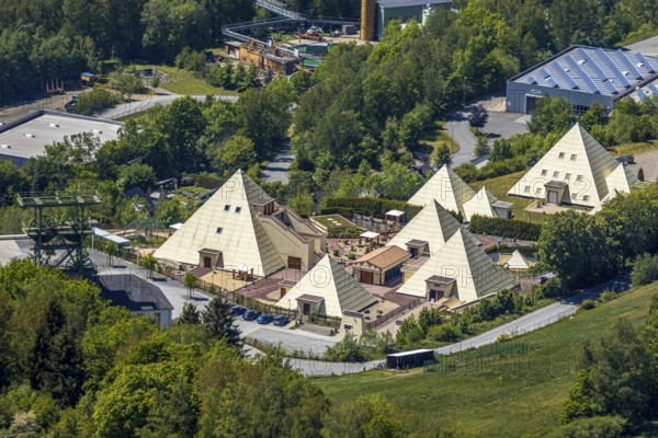 Aerial photo, Galileo-Park, Sauerland Pyramids, Mining Museum Siciliaschacht, Lennestadt, Sauerland, North Rhine-Westphalia, Germany, DE, adventure park, Europe, leisure facility, leisure activities, leisure park, aerial photography, aerial photography, aerial photography, museum, park, puzzle park, overview, bird's-eye view, knowledge park, birds-eyes view, overview