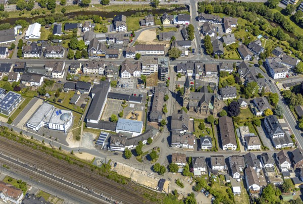 Aerial view, Franziskus-Schule Meggen, DITIB Yesil Mosque Lennestadt, Catholic Church of St. Bartholomew, Meggen, Lennestadt, Sauerland, North Rhine-Westphalia, Germany, place of worship, education, educational institution, DE, Europe, religious community, church, parish, denomination, teaching institute, aerial view, aerial photography, aerial photography, school, overview, bird's-eye view, overview