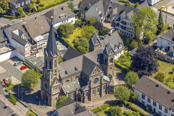 Aerial view, Catholic Church of St. Bartholomew, Meggen, Lennestadt, Sauerland, North Rhine-Westphalia, Germany, Albrecht-Dürer-Strasse place of worship, DE, Europe, religious community, place of worship, church, parish, denomination, aerial view, aerial photography, aerial photography, overview, bird's-eye view, overview