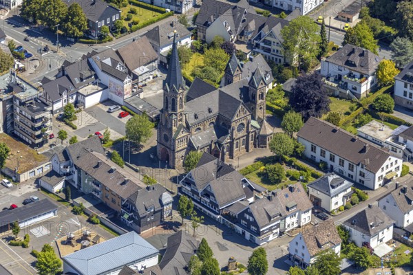 Aerial view, Catholic Church of St. Bartholomew, Meggen, Lennestadt, Sauerland, North Rhine-Westphalia, Germany, Albrecht-Dürer-Strasse place of worship, DE, Europe, religious community, place of worship, church, parish, denomination, aerial view, aerial photography, aerial photography, overview, bird's-eye view, overview