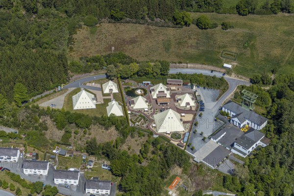 Aerial view, Galileo-Park, Sauerland Pyramids, Mining Museum Siciliaschacht, Lennestadt, Sauerland, North Rhine-Westphalia, Germany, DE, Europe, aerial view, aerial photography, aerial photography, museum, overview, bird's-eye view, overview
