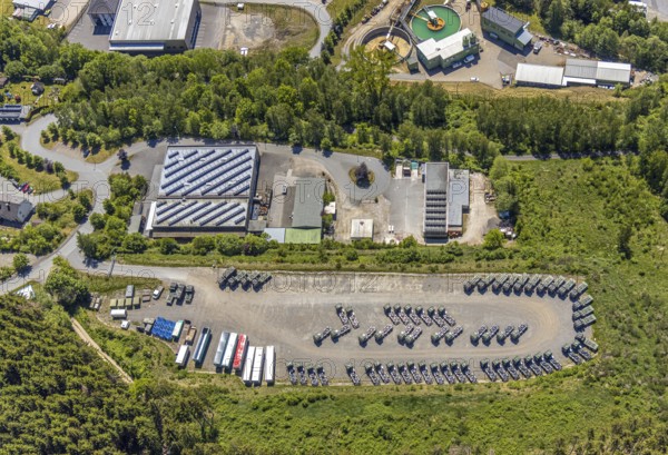 Aerial photo, Eswo-tech GmbH, Pontax warehouse, lorry park, Lennestadt, Sauerland, North Rhine-Westphalia, Germany, DE, Europe, commercial enterprises, commercial area, commercial site, commercial use, industrial area, industrial site, aerial photograph, aerial photography, aerial photography, overview, bird's-eye view, birds-eyes view, overview