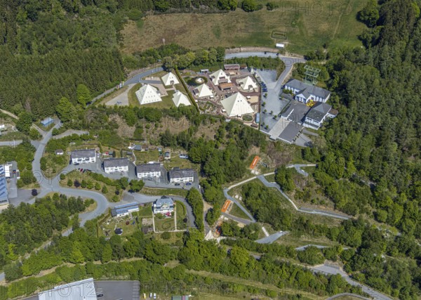 Aerial view, Galileo-Park, Sauerland Pyramids, Mining Museum Siciliaschacht, Lennestadt, Sauerland, North Rhine-Westphalia, Germany, DE, Europe, aerial view, aerial photography, aerial photography, museum, overview, bird's-eye view, overview