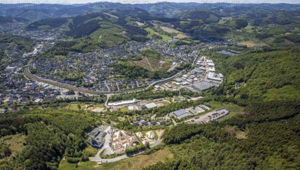 Aerial view, Galileo-Park, Sauerland Pyramids, Mining Museum Siciliaschacht, view to Meggen, Lennestadt, Sauerland, North Rhine-Westphalia, Germany, DE, Europe, aerial view, aerial photography, aerial photography, museum, overview, bird's-eye view, birds-eyes view, overview