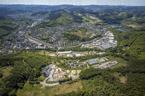 Aerial view, Galileo-Park, Sauerland Pyramids, Mining Museum Siciliaschacht, view to Meggen, Lennestadt, Sauerland, North Rhine-Westphalia, Germany, DE, Europe, aerial view, aerial photography, aerial photography, museum, overview, bird's-eye view, birds-eyes view, overview