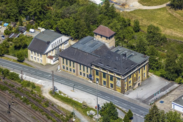Aerial view, ELKupa Elektrohandel, Meggener Straße, Meggen, Lennestadt, Sauerland, North Rhine-Westphalia, Germany, DE, service centre, shopping, shopping place, shopping centre, Europe, aerial view, aerial photography, aerial photography, local supply centre, supermarket, overview, bird's-eye view, overview