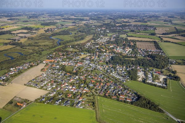 Aerial view, LWL Centre for Forensic Psychiatry Lippstadt, Eickelborn, Lippstadt, district of Soest, North Rhine-Westphalia, Germany, treatment of offenders due to mental illness, DE, Eickelbornstraße, Europe, specialist clinic, distant view, river Lippe, healthcare, property tax, real estate, clinic, clinic grounds, district of Soest-Buch, district of Soest-Buch, aerial view, aerial photography, aerial photography, forensic clinic, medical facility, medical help, local view Eickelborn, overview, bird's-eye view, meadows and fields, residential area, living and living, residential area, residential buildings, quality of living, residential neighbourhood, housing estate, birds-eyes view, forensic clinic, overview, medical care