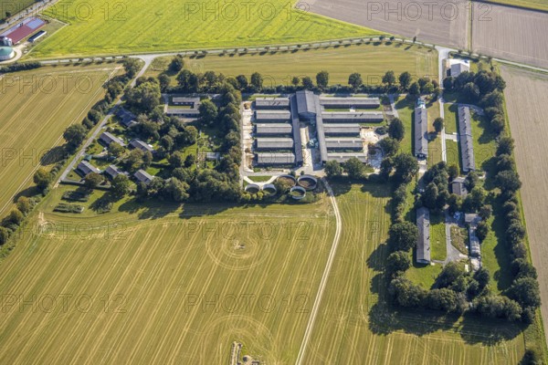 Aerial view, Sheep Breeders' Association of North Rhine-Westphalia, Im Wöholz, Institute for Performance Testing in Animal Breeding, Stables, Eickelborn, Lippstadt, Soest District, North Rhine-Westphalia, Germany, DE, Europe, Soest-Buch District, SoestBuch District, Agricultural area with buildings, Agricultural fields, Agricultural buildings, Aerial view, Aerial photography, Aerial photography, Schoneberger Straße, Overview, Bird's-eye view, bird's-eye view, overview