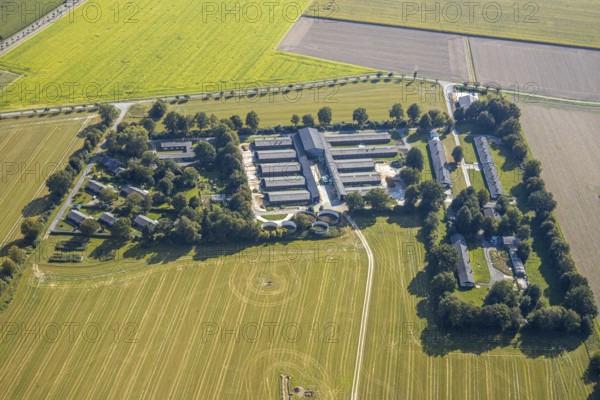 Aerial view, Sheep Breeders' Association of North Rhine-Westphalia, Im Wöholz, Institute for Performance Testing in Animal Breeding, Stables, Eickelborn, Lippstadt, Soest District, North Rhine-Westphalia, Germany, DE, Europe, Soest-Buch District, SoestBuch District, Agricultural area with buildings, Agricultural fields, Agricultural buildings, Aerial view, Aerial photography, Aerial photography, Schoneberger Straße, Overview, Bird's-eye view, bird's-eye view, overview